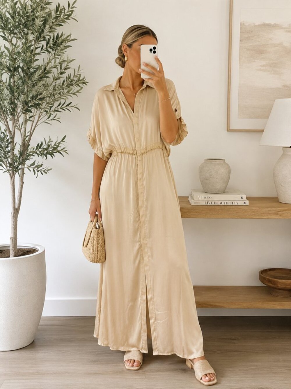 One Season Australia Resortwear Minimalist Tan Maxi Dress Short Sleeve Size S